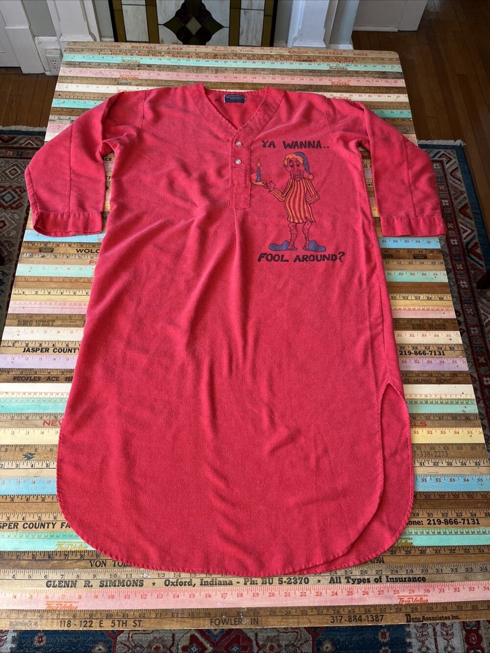 Vintage Pleetway Mens Pajama Gown Size S “Ya Wanna Fool Around” Joke Oversized